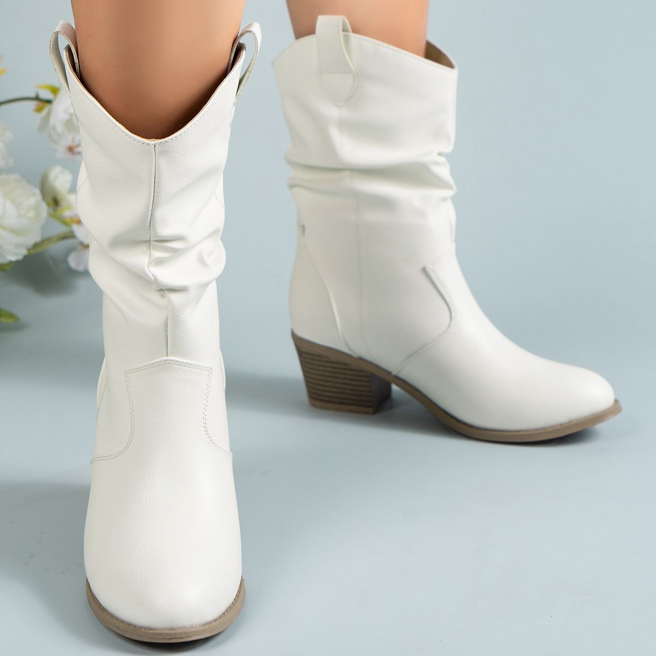 Women's Pleated Design Chunky Heel Boots