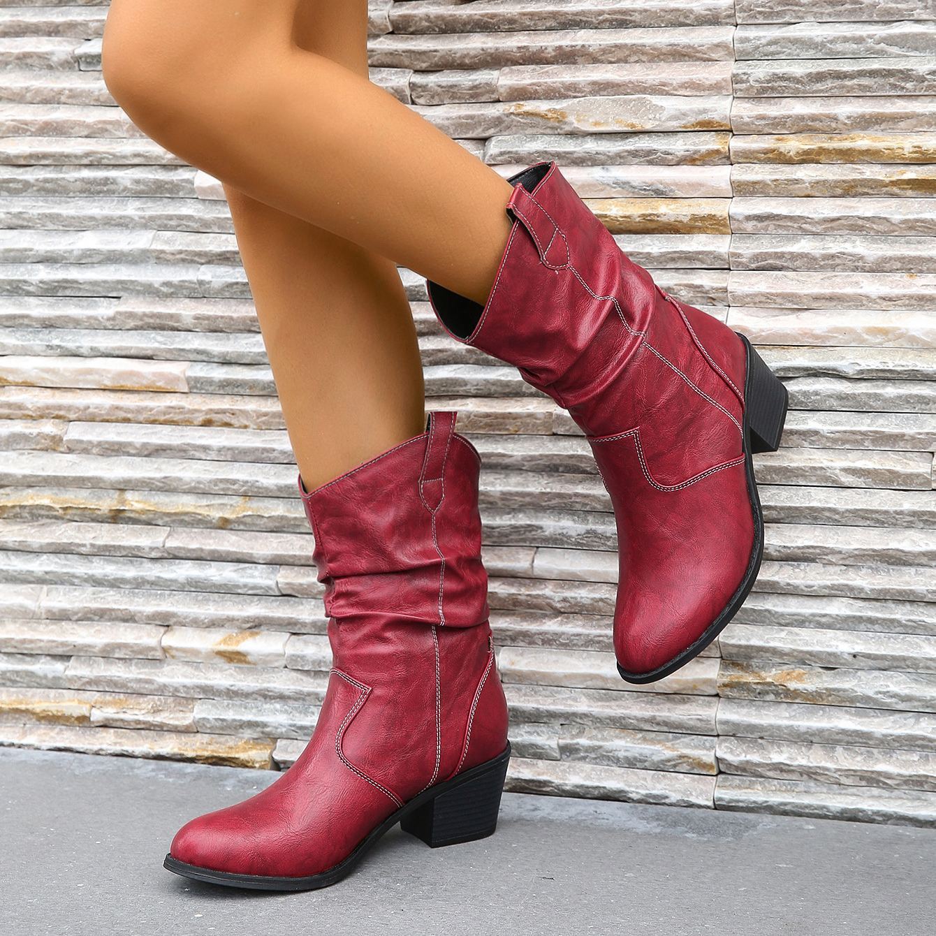 Women's Pleated Design Chunky Heel Boots