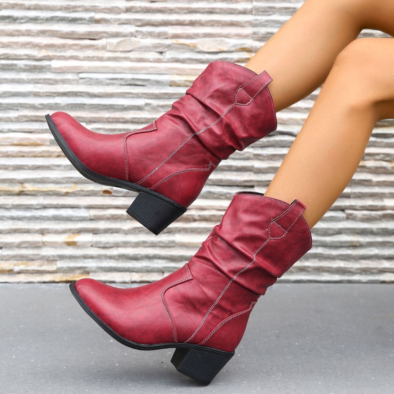 Women's Pleated Design Chunky Heel Boots