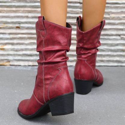 Women's Pleated Design Chunky Heel Boots