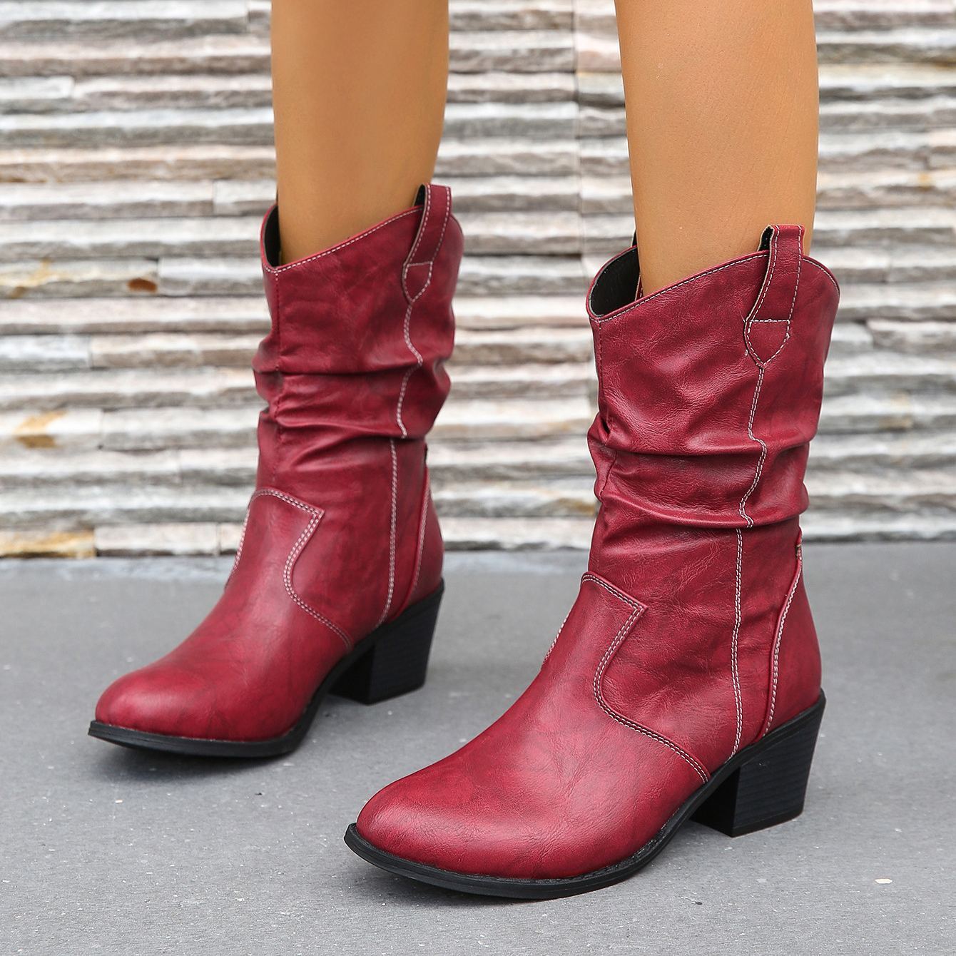 Women's Pleated Design Chunky Heel Boots