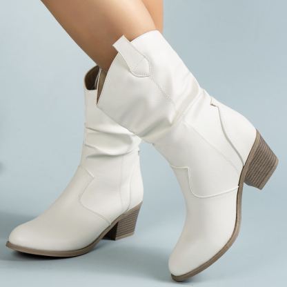 Women's Pleated Design Chunky Heel Boots