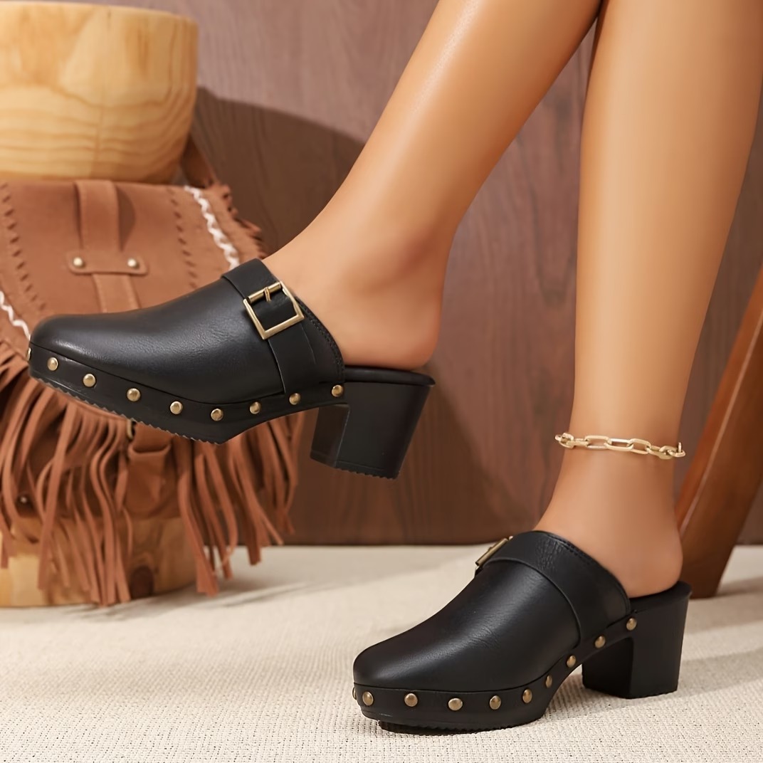 Women'S Retro Chunky-Heeled Mules with Studs And Buckles Sandals