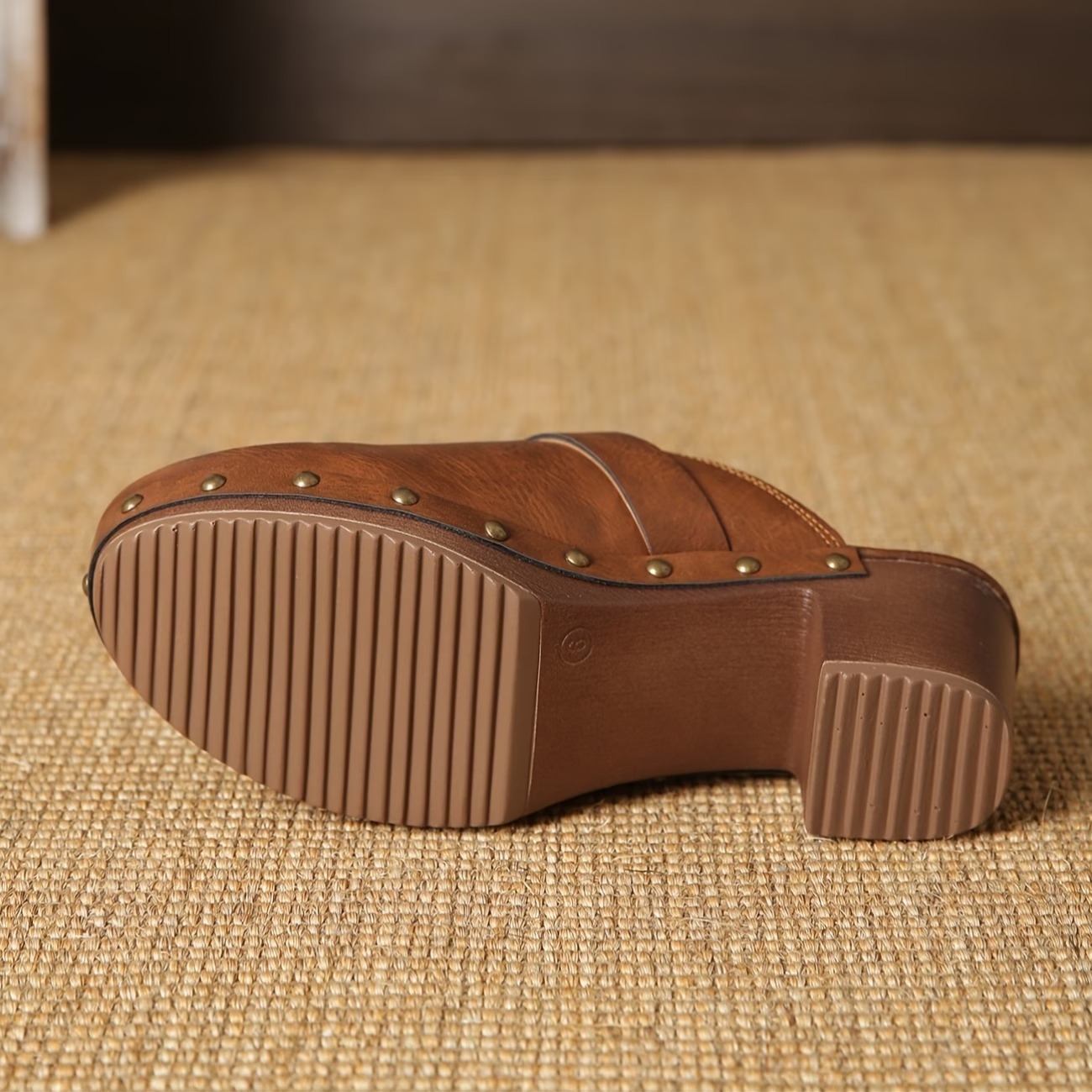 Women'S Retro Chunky-Heeled Mules with Studs And Buckles Sandals