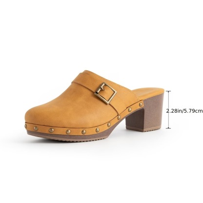Women'S Retro Chunky-Heeled Mules with Studs And Buckles Sandals
