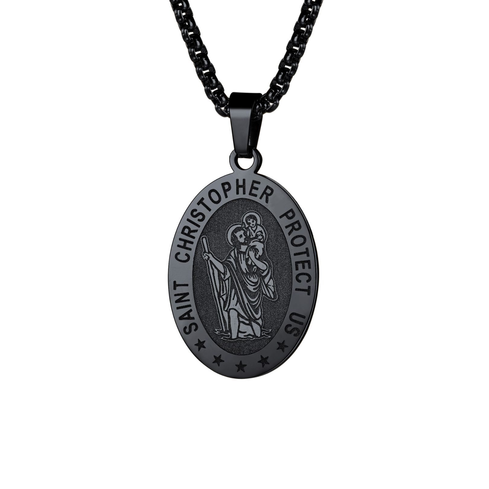 Black Saint Christopher necklace for men made of stainless steel with oval pendant