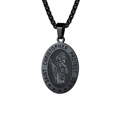 Black Saint Christopher necklace for men made of stainless steel with oval pendant