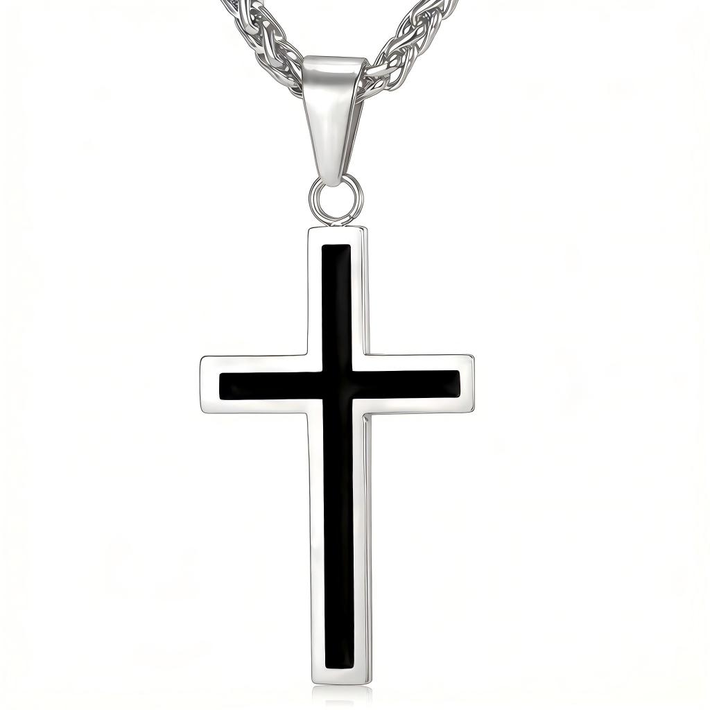 Christian Black Enamel Cross Necklace for Men Women