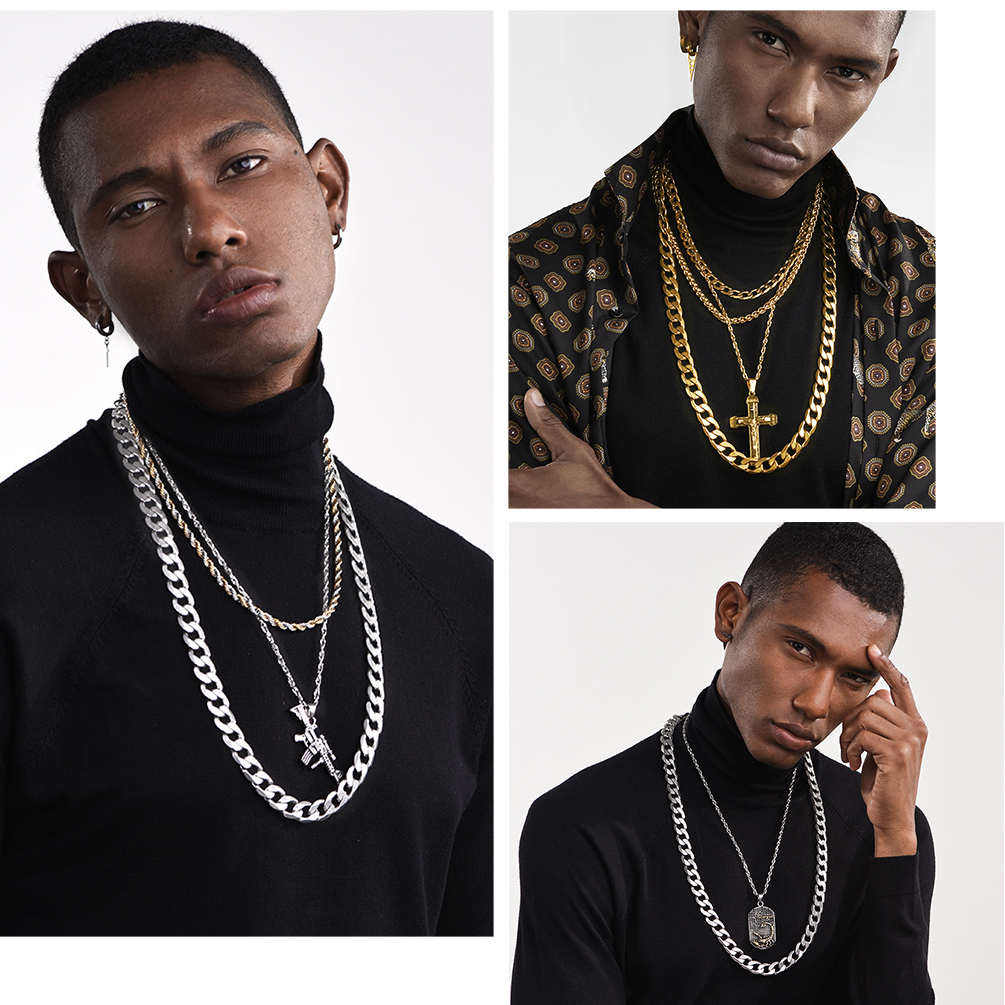 Men wearing layered Cuban link chains