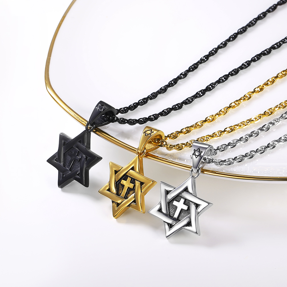 Stainless Steel Star of David Cross Pendant Wave Chain for Men Women