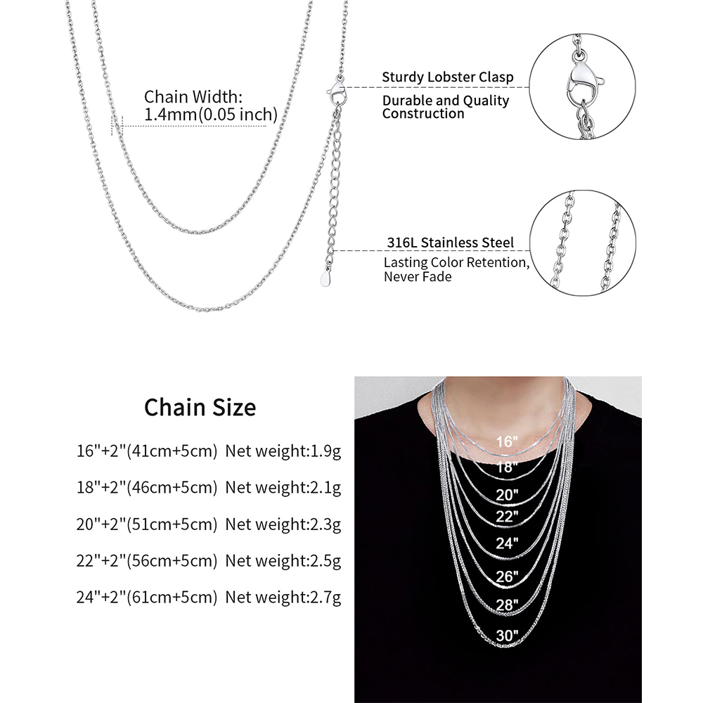 1.4mm Dainty Stainless Steel Rolo Chain Necklace Details-Necklace Length, Weight