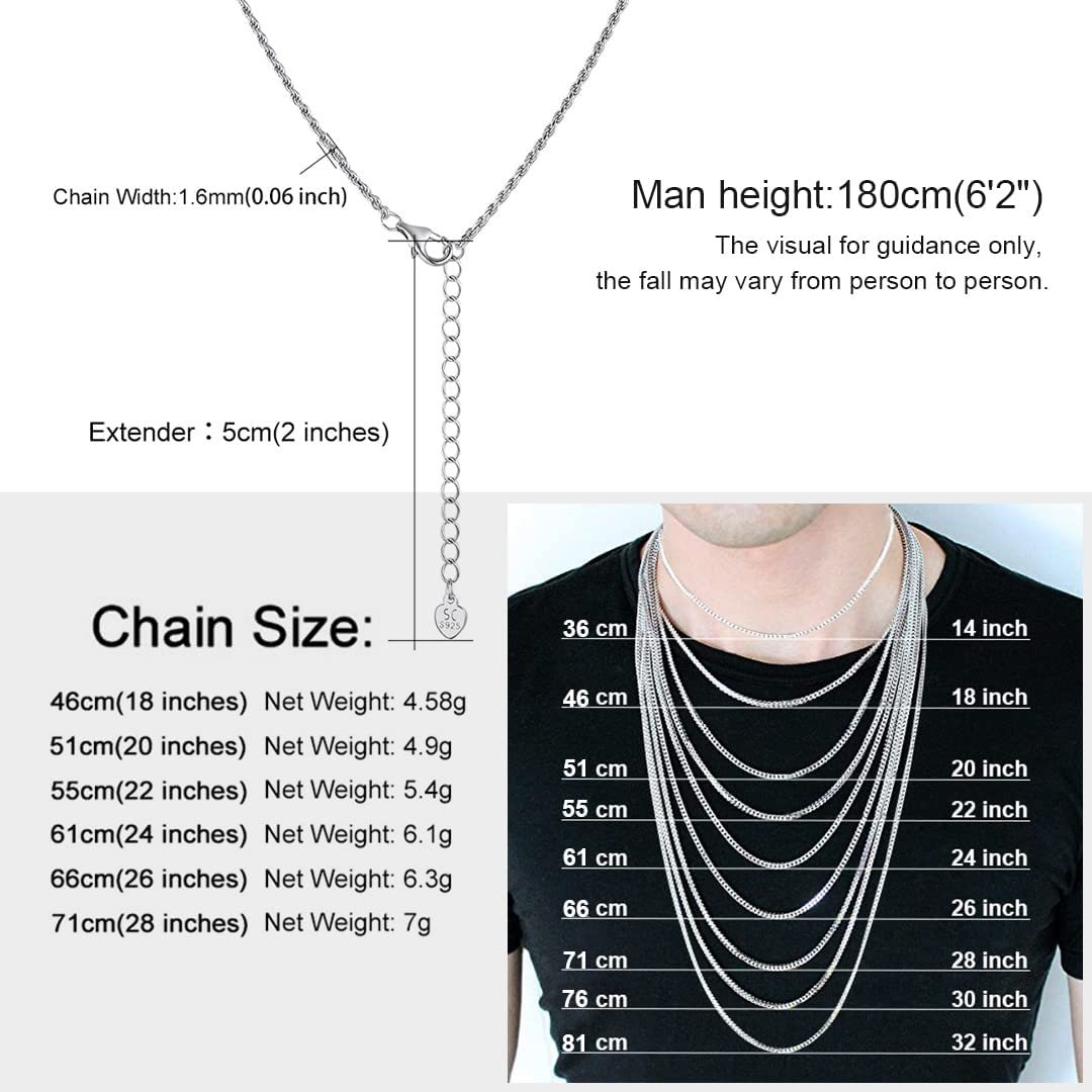 1.3/1.6mm 925 Sterling Silver Twisted Rope Chain Necklace for Men Women