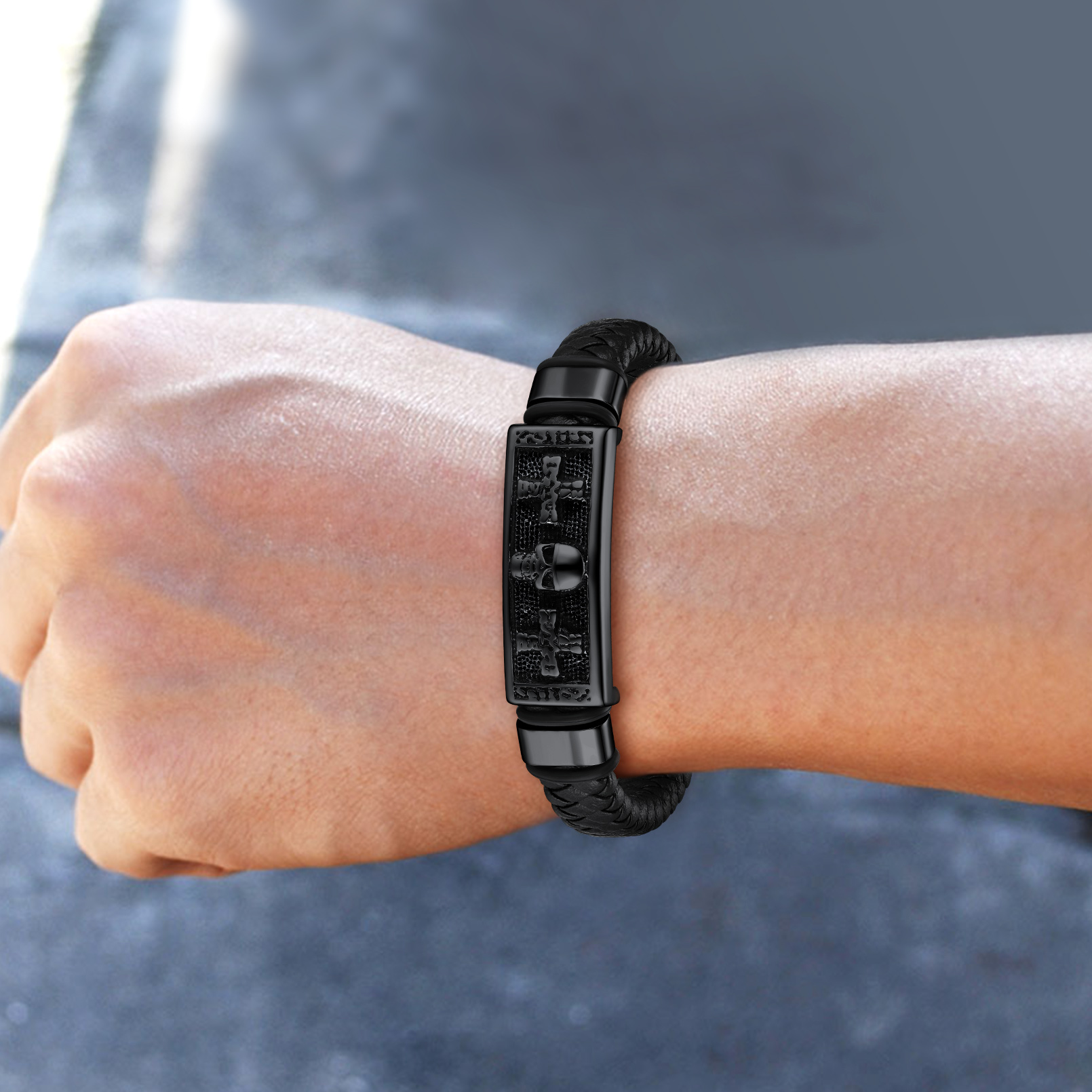 11mm Black Skull Cross Braided Leather Bracelet for Men - Father's Day Gift