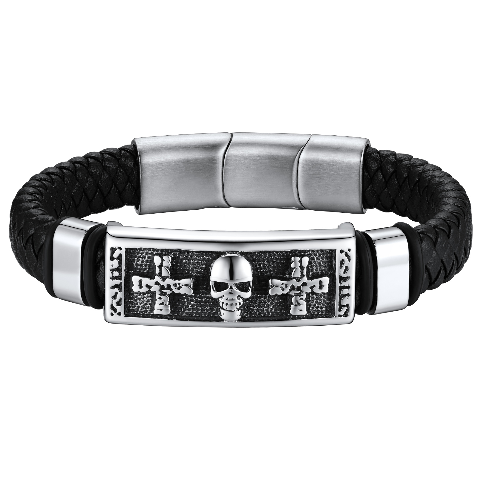 11mm Steel Skull Cross Braided Leather Bracelet