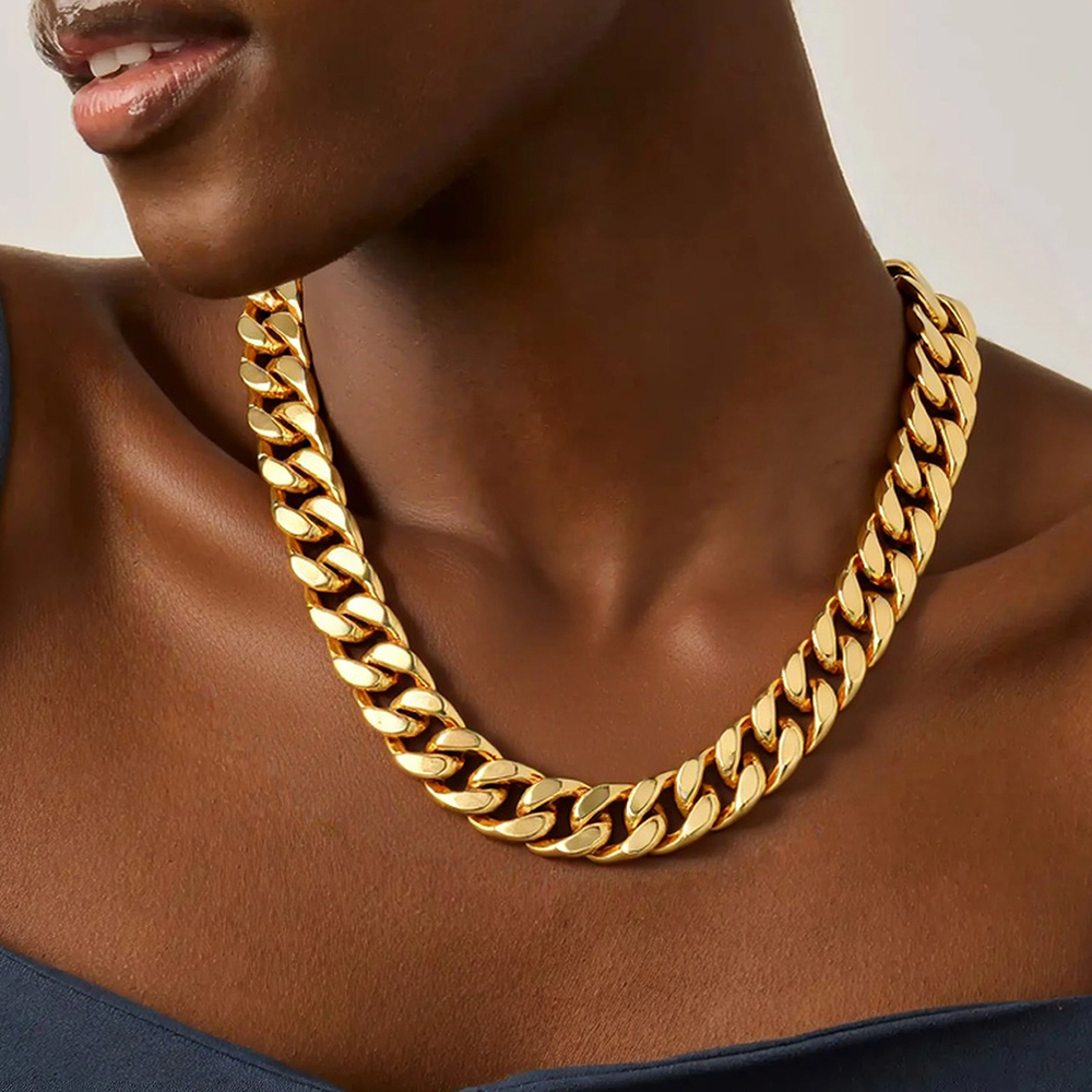 14mm Cuban Link Chain Necklace for Women in Gold Plated - Womens Holiday's Gift