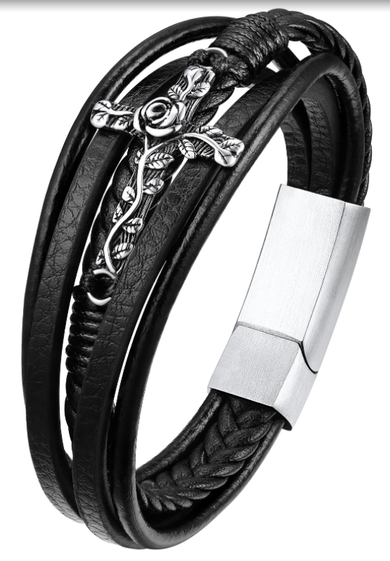 Rose Cross Multi Layered Leather Cord Bracelet
