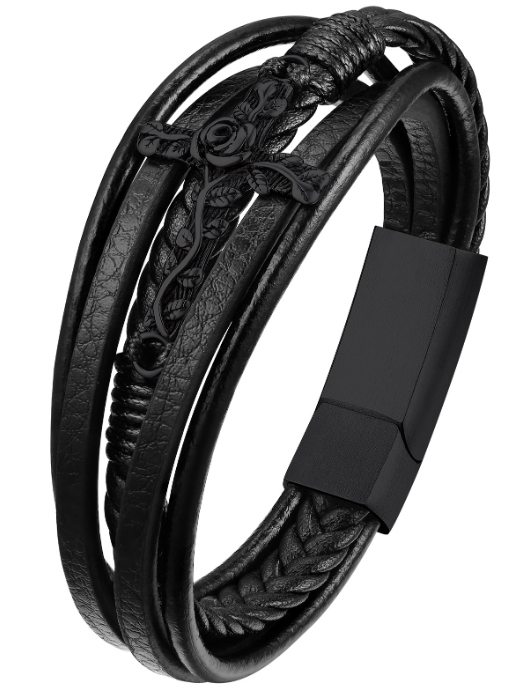 Rose Cross Multi Layered Leather Cord Bracelet