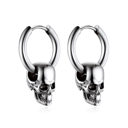 Stainless Steel Skull Hoop Earrings, 2.5mm Circle Pierced Punk Jewelry for Him