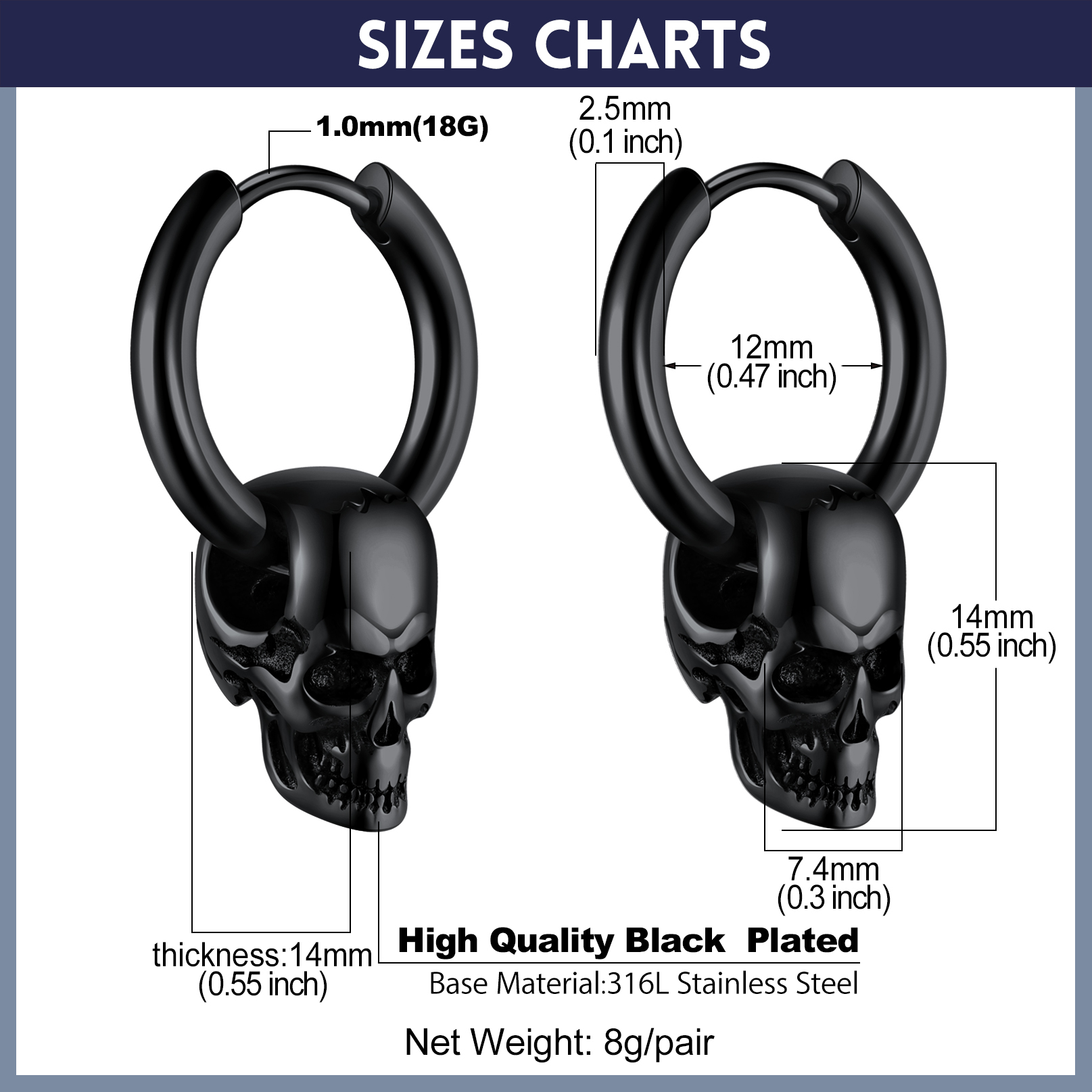 2.5mm Skull Hoop Earrings Punk Jewelry for Him