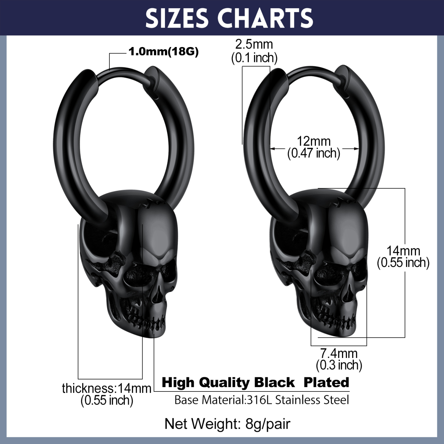 2.5mm Skull Hoop Earrings Punk Jewelry for Him