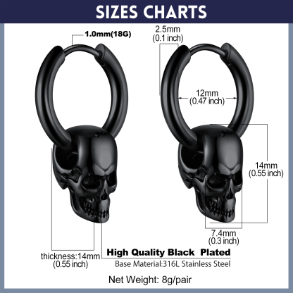 2.5mm Skull Hoop Earrings Punk Jewelry for Him