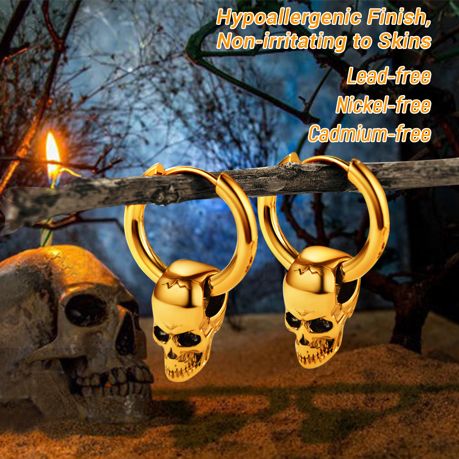 2.5mm Skull Hoop Earrings Punk Jewelry for Him