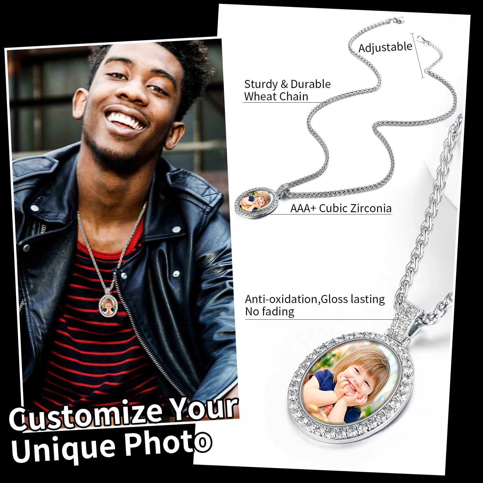 CZ Custom Medal Photo Necklace for Men Women