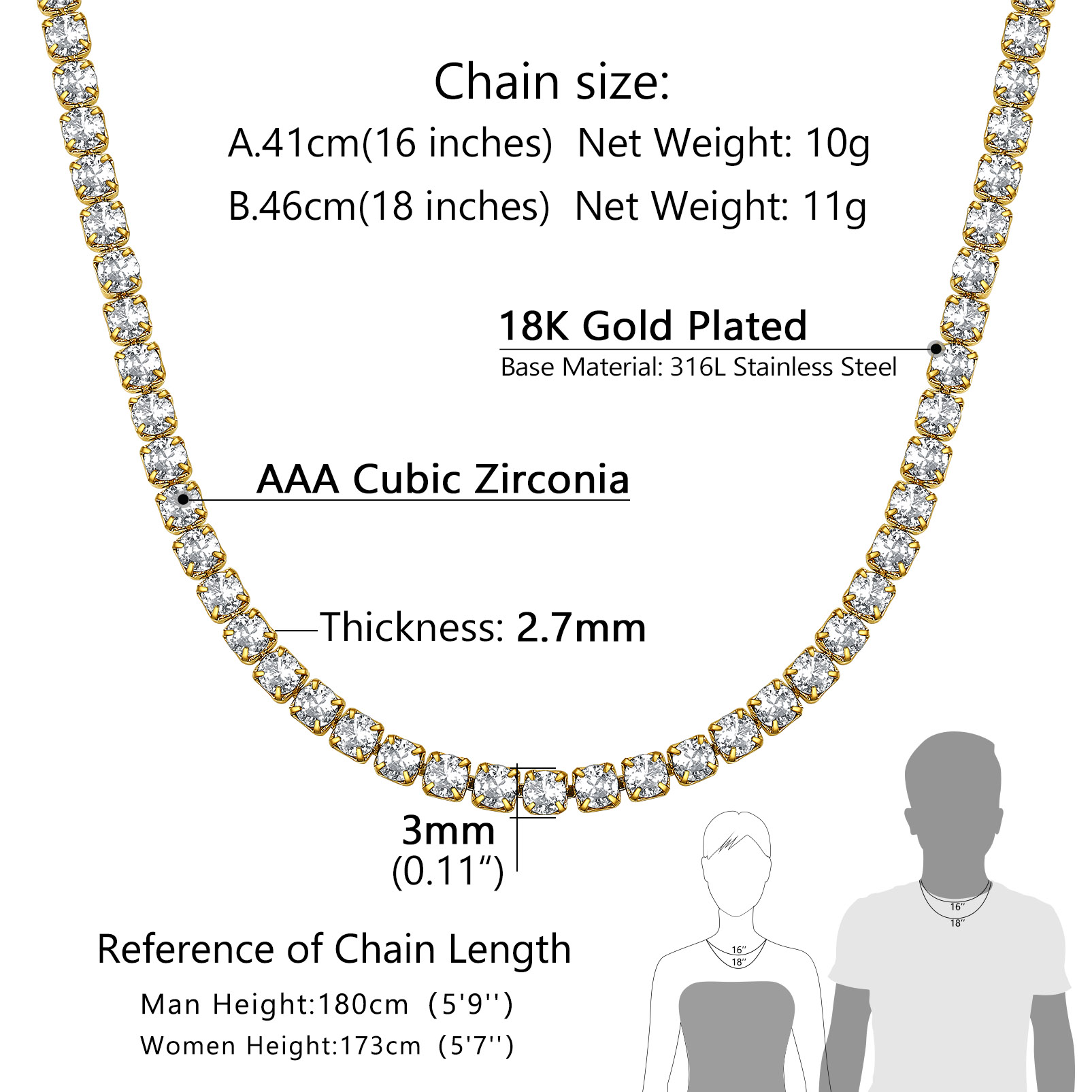 3/5mm Cubic Zirconia Tennis Chain Necklace for Men Women