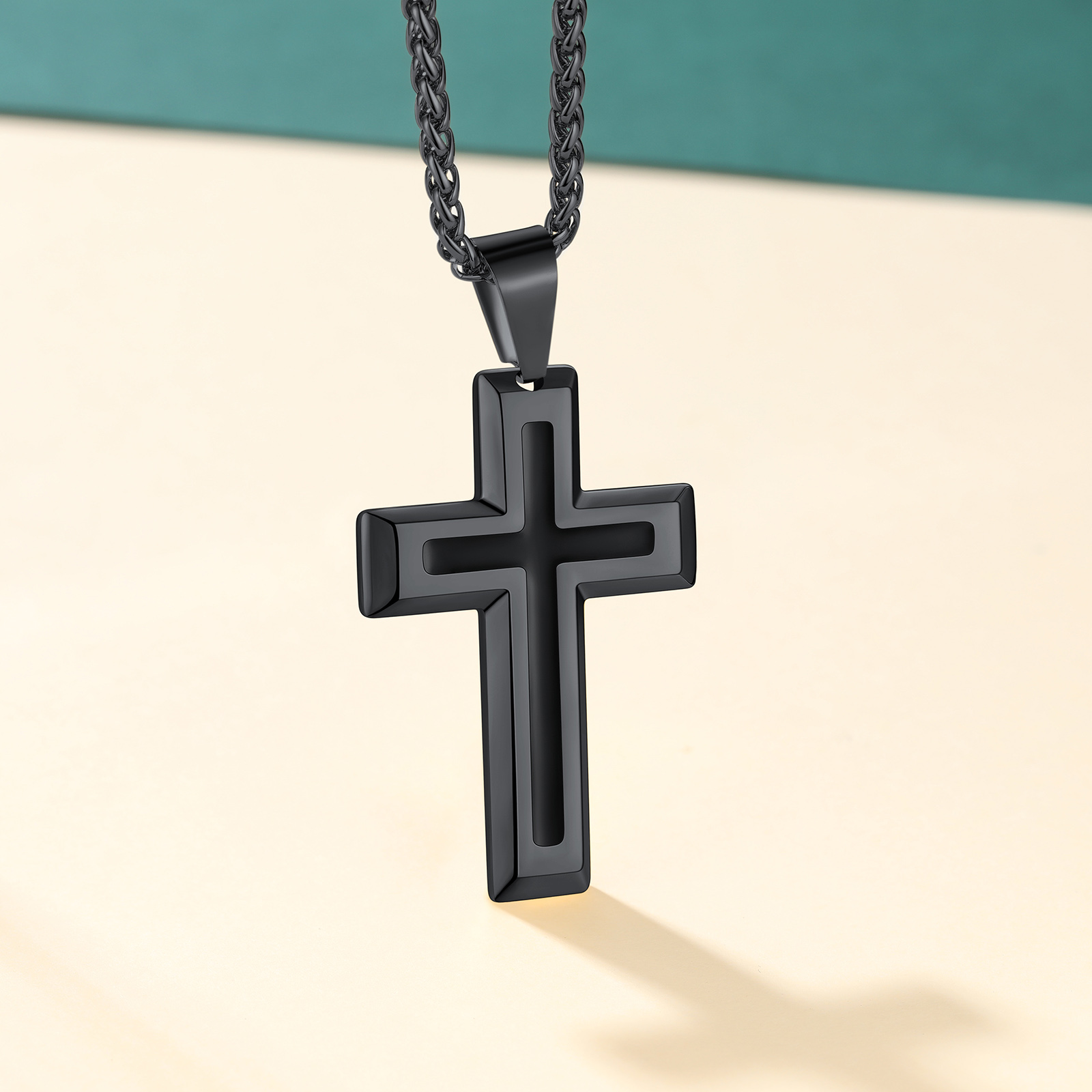 3D Enamel Cross Pendant Necklace With Rope Chain For Men Black - product detail(1)
