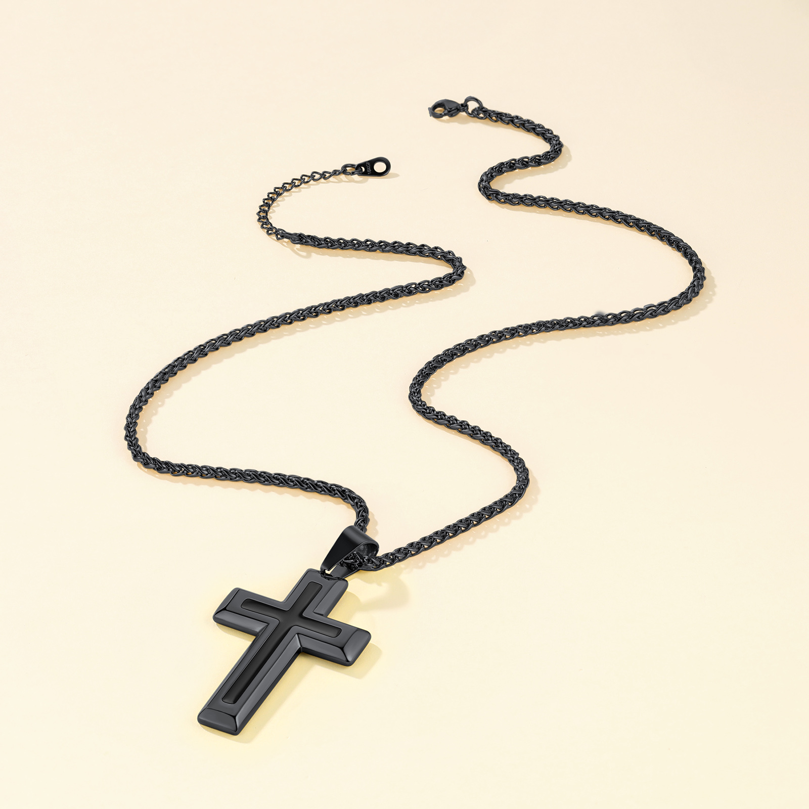 3D Enamel Cross Pendant Necklace With Rope Chain For Men Black - product detail