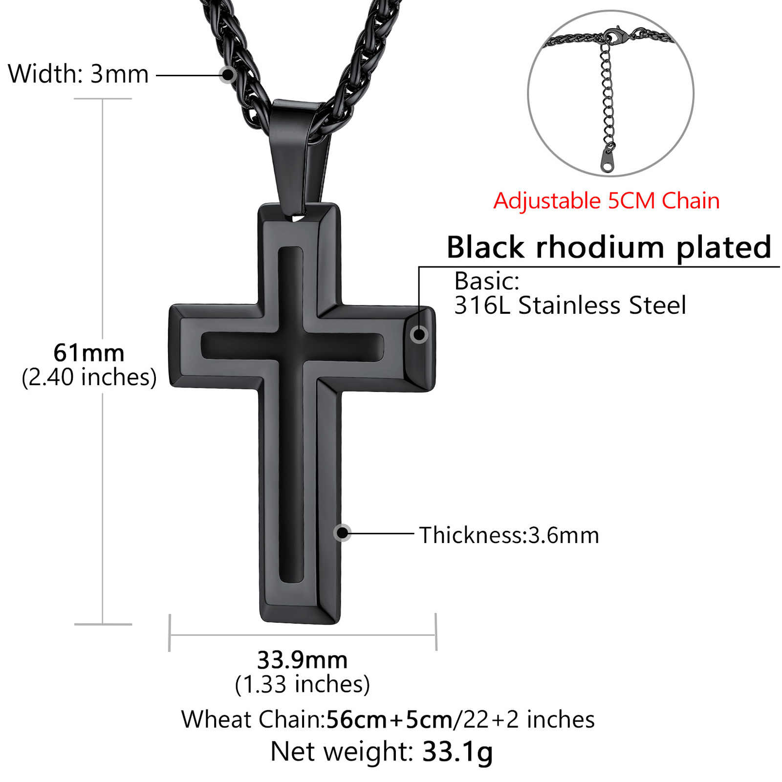 3D Enamel Cross Pendant Necklace With Rope Chain For Men Black - product size