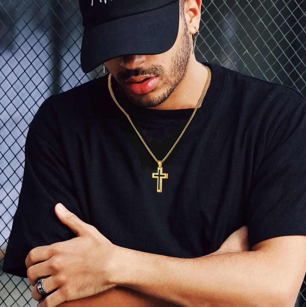 3D Enamel Cross Pendant Necklace With Rope Chain For Men Gold - model effect