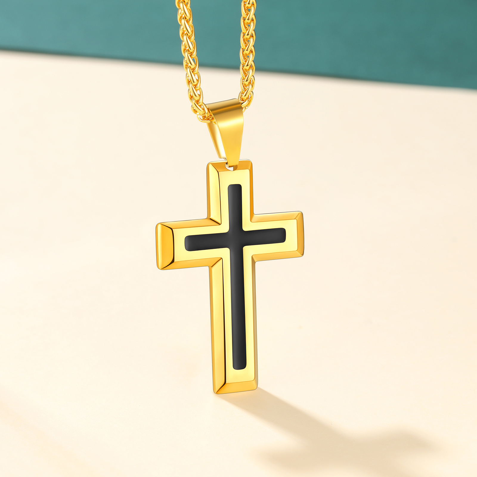 3D Enamel Cross Pendant Necklace With Rope Chain For Men Gold - product detail