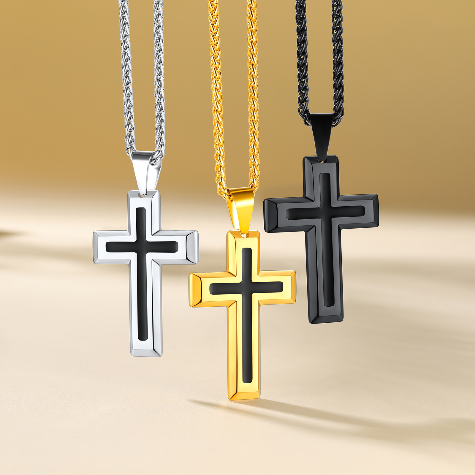 3D Enamel Cross Pendant Necklace With Rope Chain For Men Silver Gold Black Collection