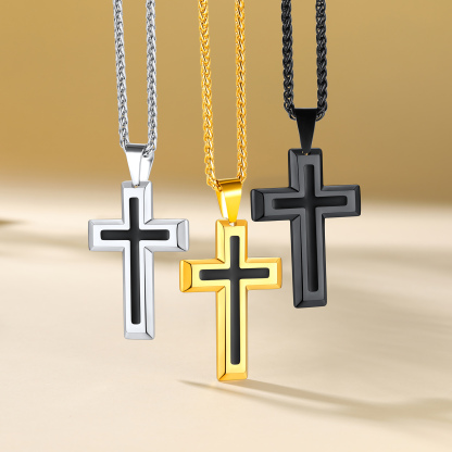 3D Enamel Cross Pendant Necklace With Rope Chain For Men Silver Gold Black Collection