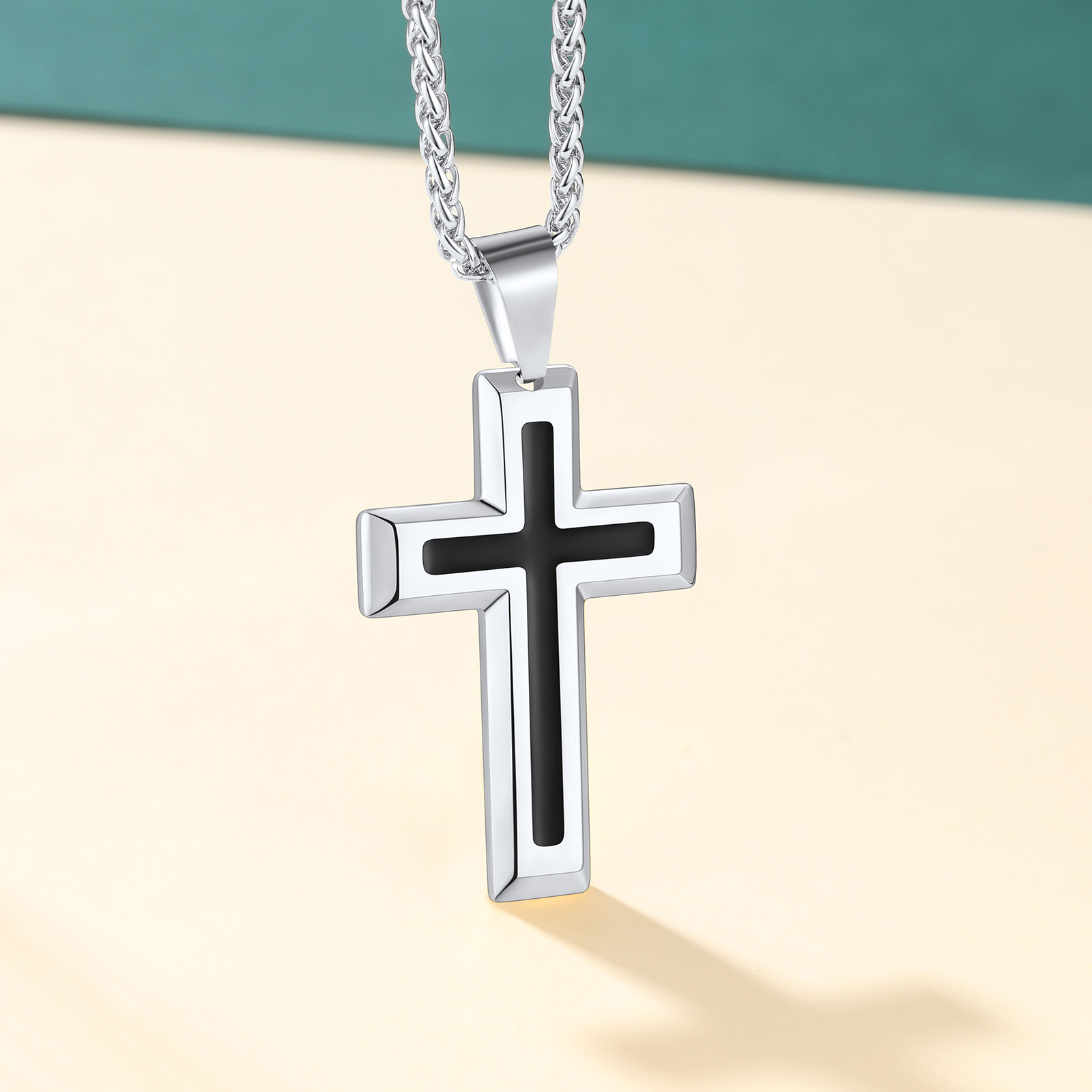 3D Enamel Cross Pendant Necklace With Rope Chain For Men Silver - product detail(1)