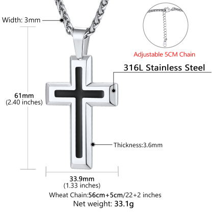 3D Enamel Cross Pendant Necklace With Rope Chain For Men Silver - product size