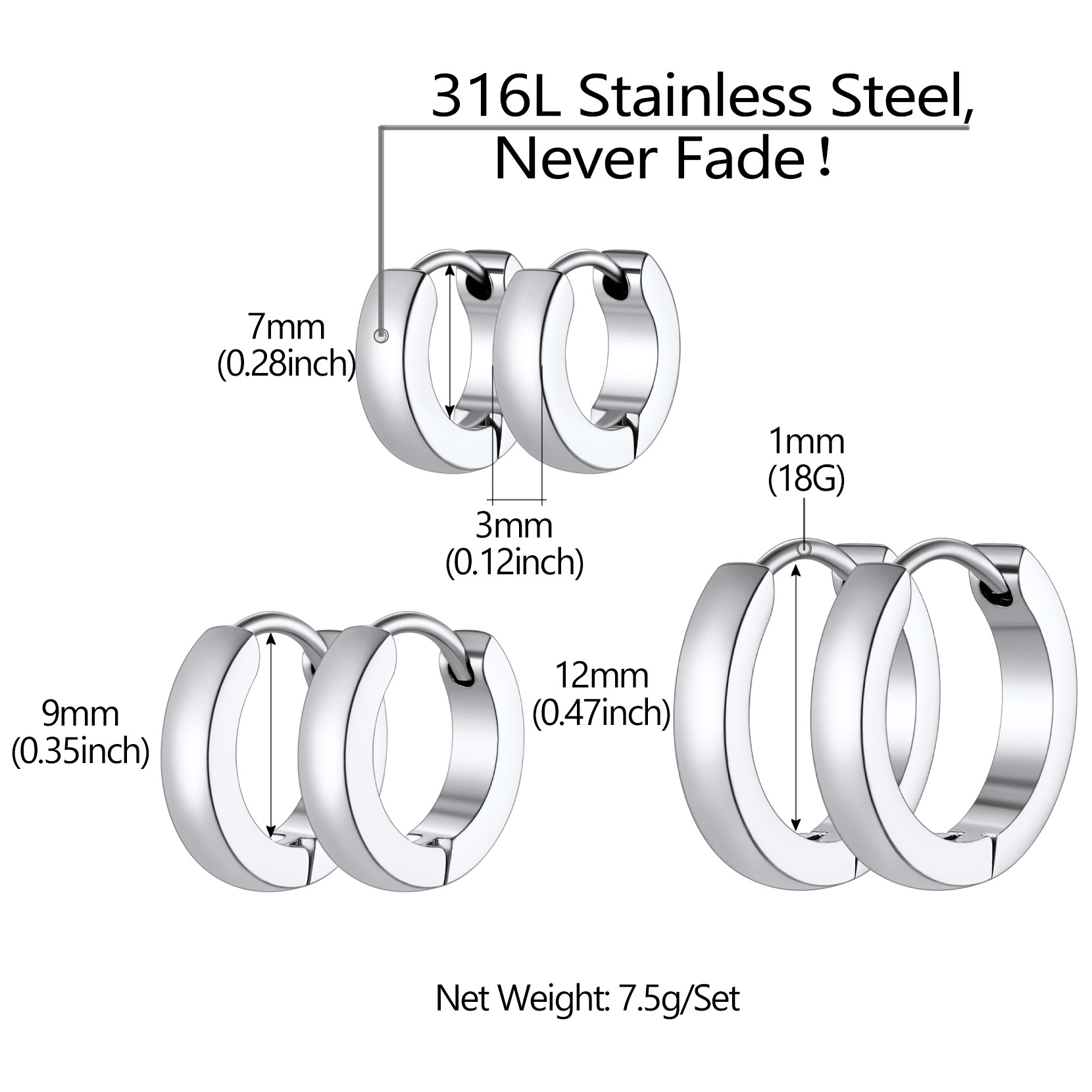 3Pcs Classic Huggie Hoop Earrings Set  for Men Women