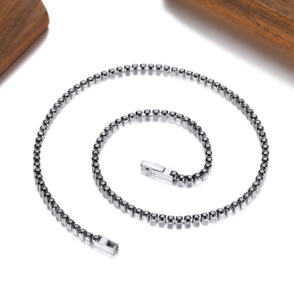 3mm Black Cubic Zirconia Tennis Chain Necklace, Stainless Steel-04