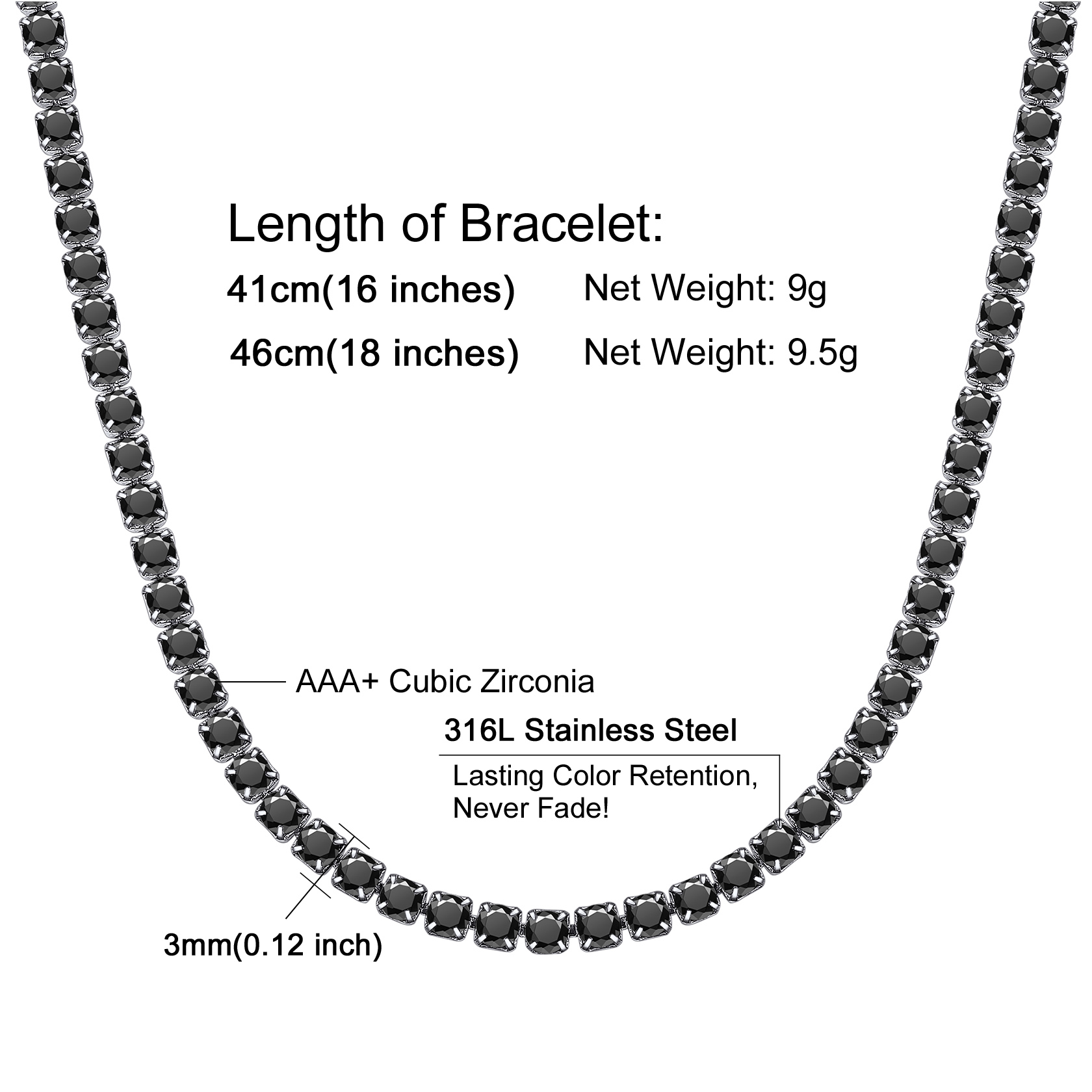 3mm Black Cubic Zirconia Tennis Chain Necklace Details-Necklace Length, Weight