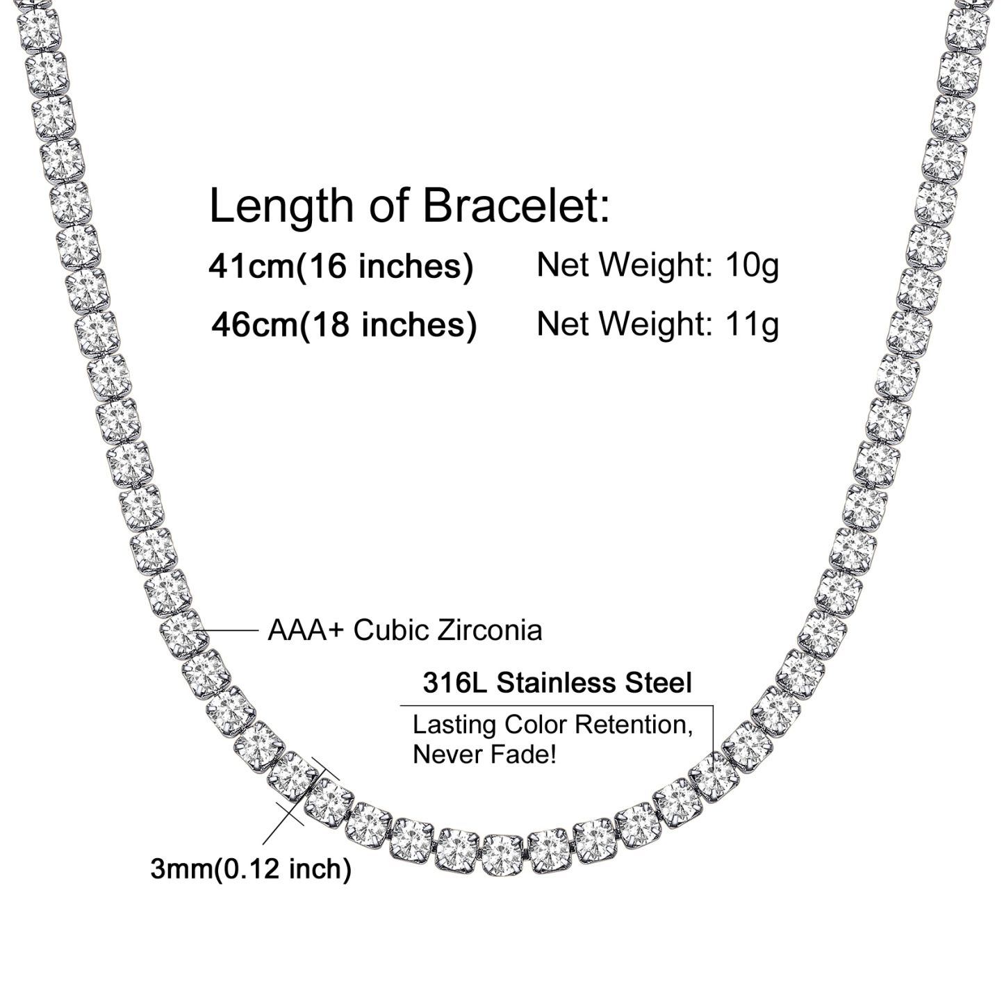 3mm Cubic Zirconia Tennis Chain Necklace Details-Necklace Length, Weight