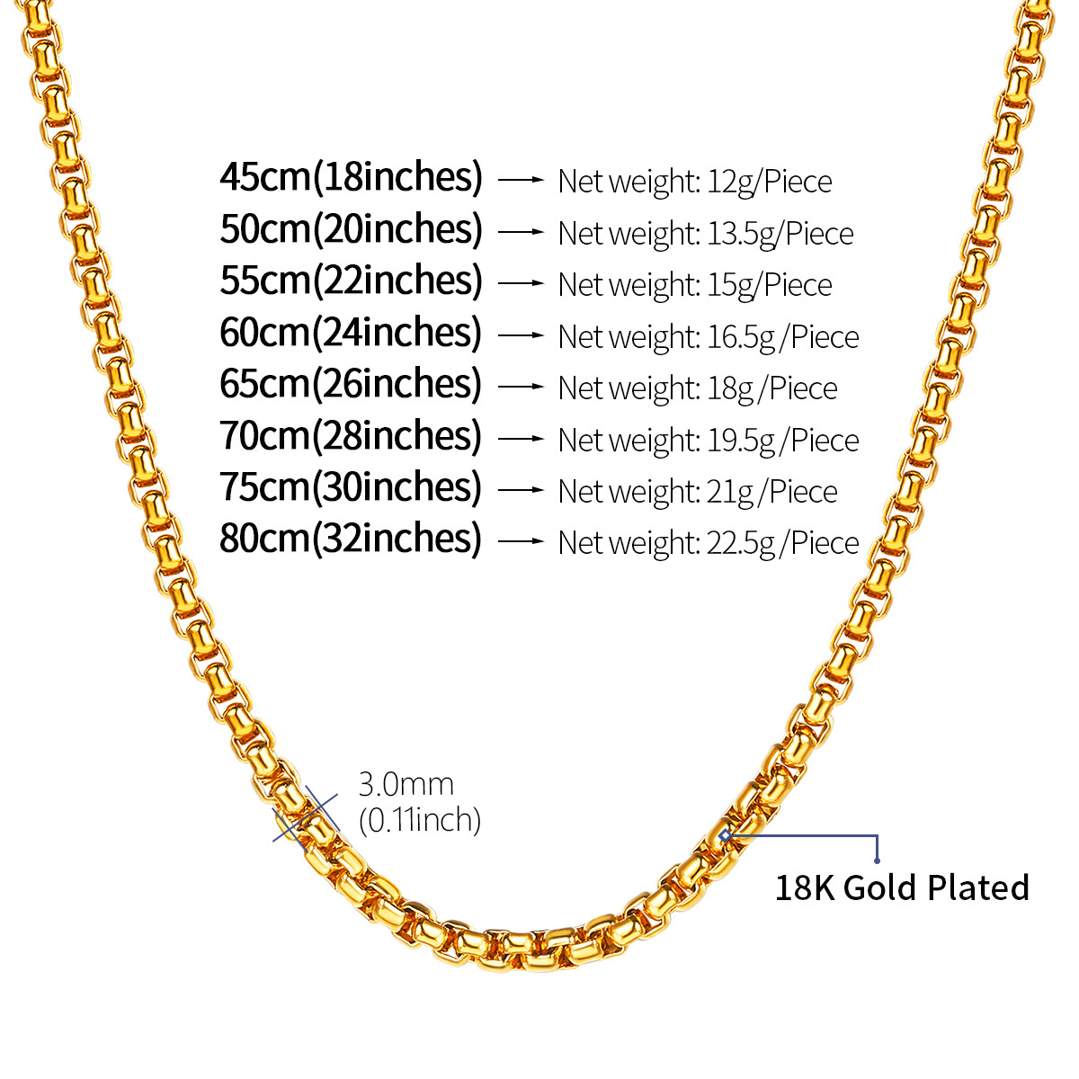 3mm Rolo Box Link Chain for Men SIze