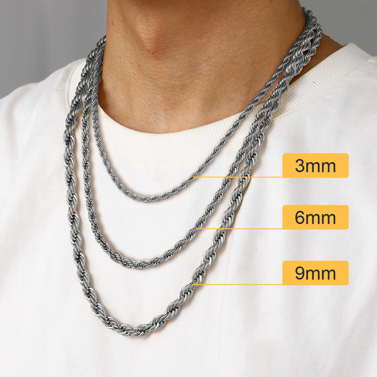 3/6/9MM Twisted Rope Chain Stainless Steel Link Necklace