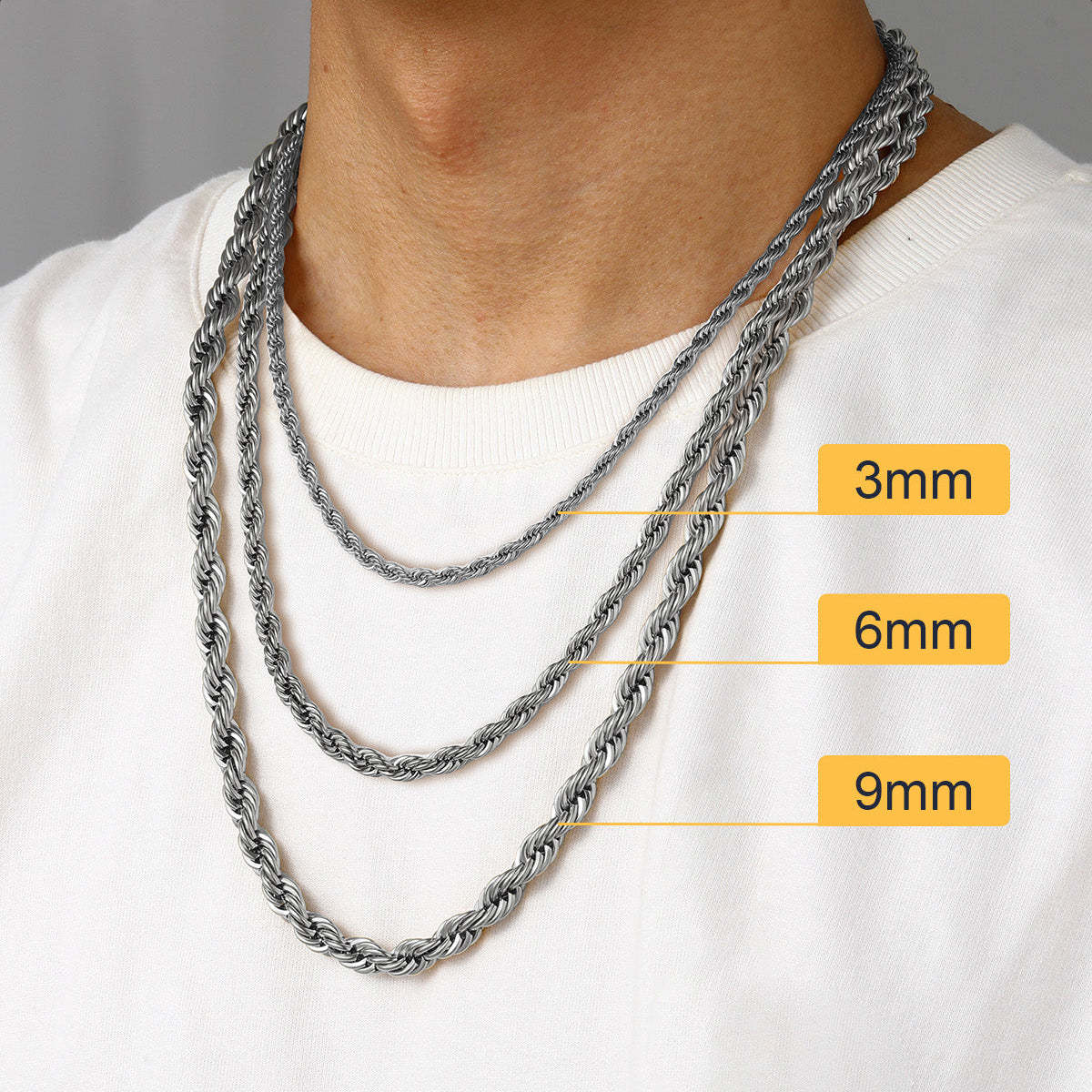 3/6/9MM Twisted Rope Chain Stainless Steel Link Necklace