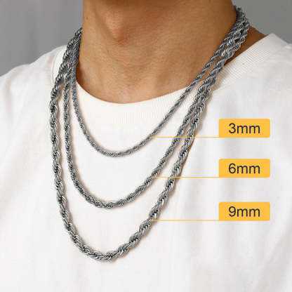 3/6/9MM Twisted Rope Chain Stainless Steel Link Necklace