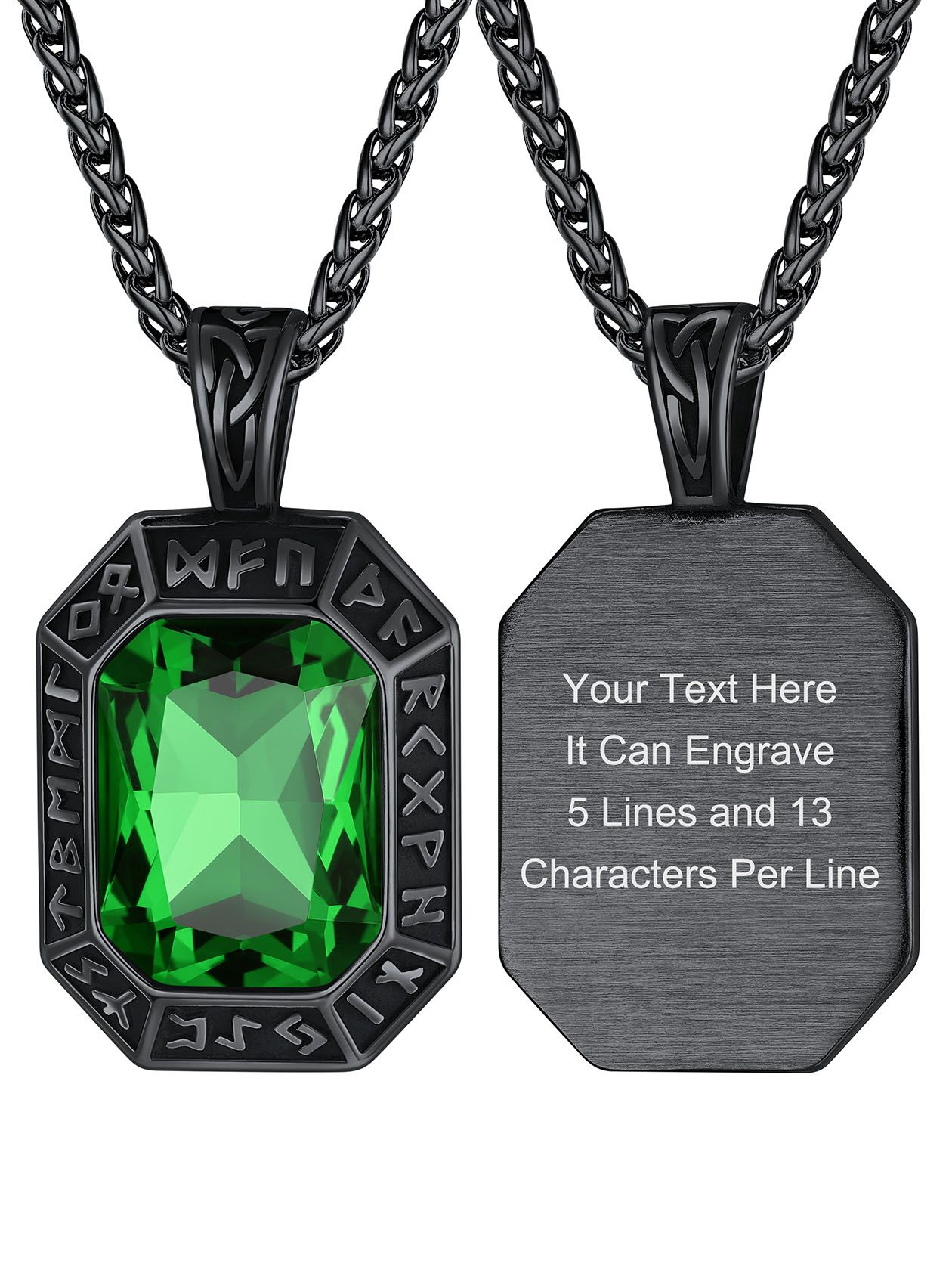 Engraved Crystal Dog Tag Necklace with Viking Runes For Men