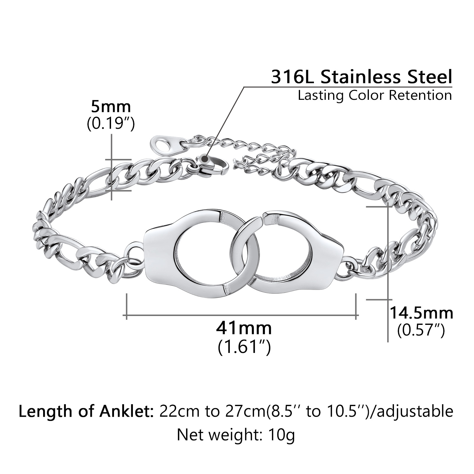 5mm Stainless Steel Handcuff Figaro Chain Anklet Details-Anklet Width, Length, Weight
