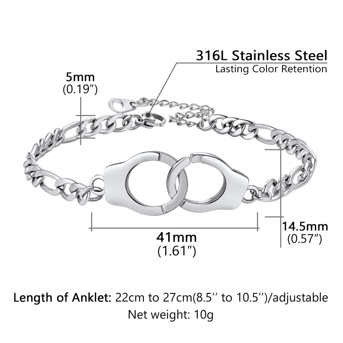 5mm Stainless Steel Handcuff Figaro Chain Anklet Details-Anklet Width, Length, Weight