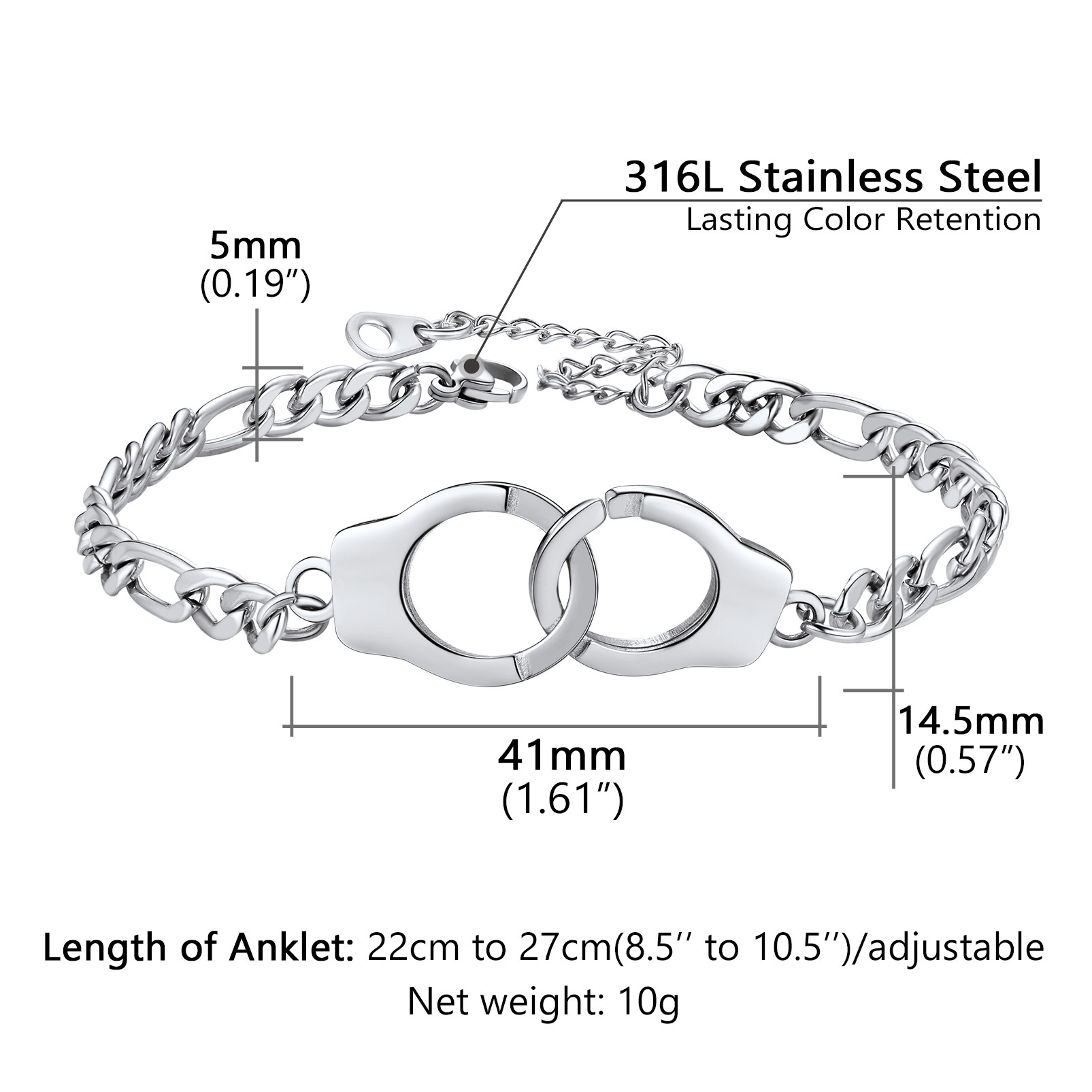 5mm Stainless Steel Handcuff Figaro Chain Anklet Details-Anklet Width, Length, Weight