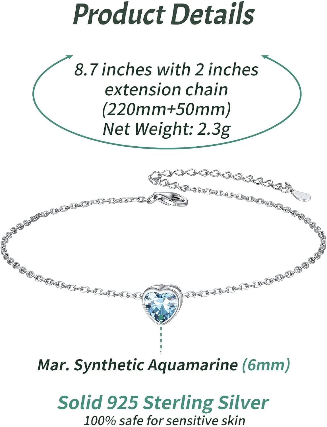Bride Heart Birthstone Wedding Anklets Details: Dimensions, Hypoallergenic, Lobster-Claw-Clasps